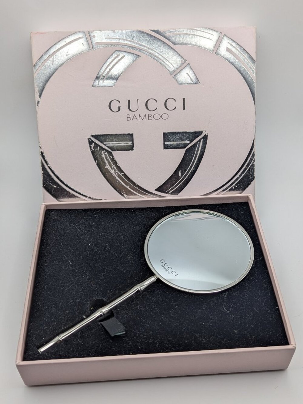 Gucci Pink Silver Bamboo Hand Mirror Vanity Box